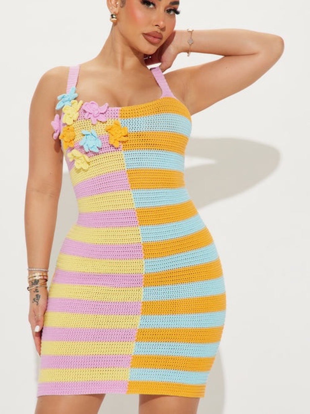 Fashion Nova crochet mini dress 3d flowers applique striped coverup swim beach